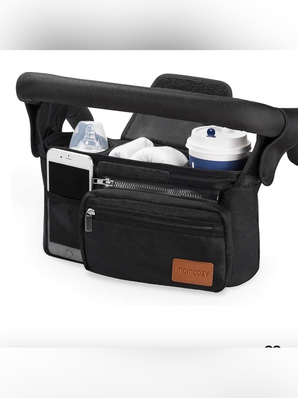 MomCozy Universal Stroller Organizer Black Insulated Cup Holder Bag